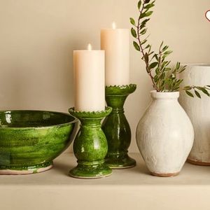 Pottery Barn Hunter Green Ceramic Candle Pillars